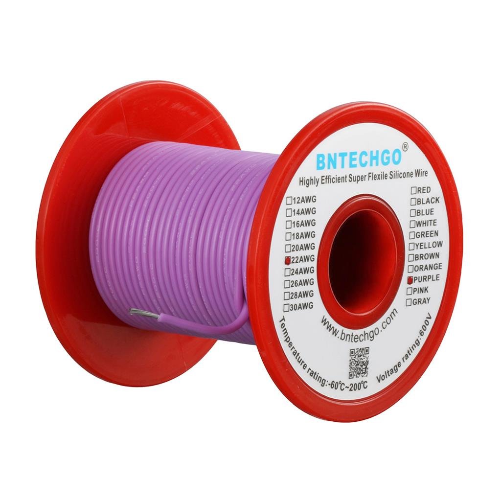 BNTECHGO 22 Gauge Silicone Wire Spool Purple 100 ft Ultra Flexible High Temp 200 deg C 600V 22 AWG Silicone Rubber Wire 60 Strands of Tinned Copper Wire Stranded Wire for Model Low Impedance