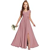 Dusty Rose Jr Bridesmaid Dresses Chiffon Girls Wedding Guest Dresses Size 14-16 Long Formal Dress V-Neck
