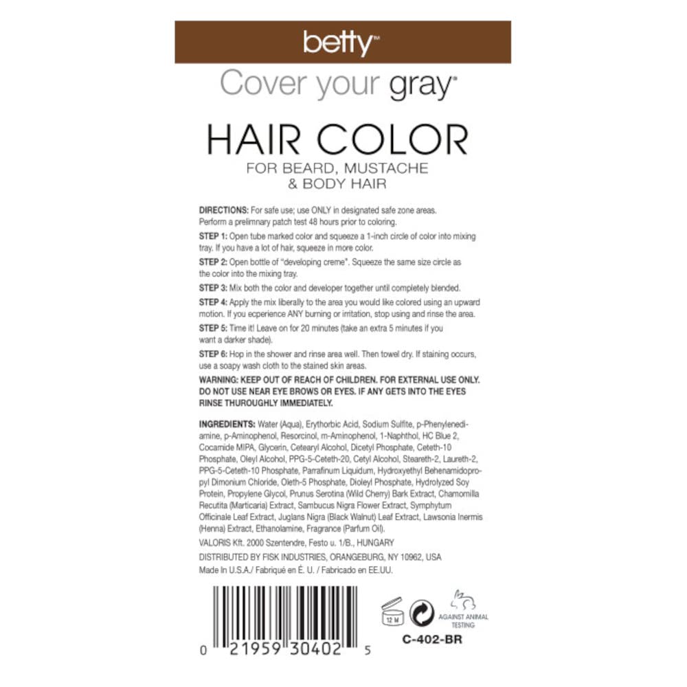 Betty Cover Your Gray Mens Hair Color for Beard, Mustache & Body Hair - Brown