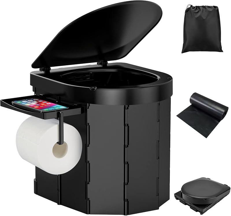Campingtoilette Mobile Toilette Reisetoilette, Tragbare Toilette für drinnen und draußen belastbar bis zu 180kg, Falttoilette mit Beutel und Papierhalter, Camping Klo für Camping Reisen Notfall