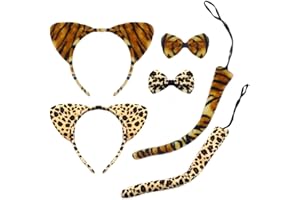 CBLUO Halloween Cat Ears Headband Kitty Bow Tie Tail Women Cat Hair Hoops Kitten Headpiece Hairband Christmas Birthday Party Decoration Cosplay Costume Hair Accessories 2 Pack Leopard Print + Tiger