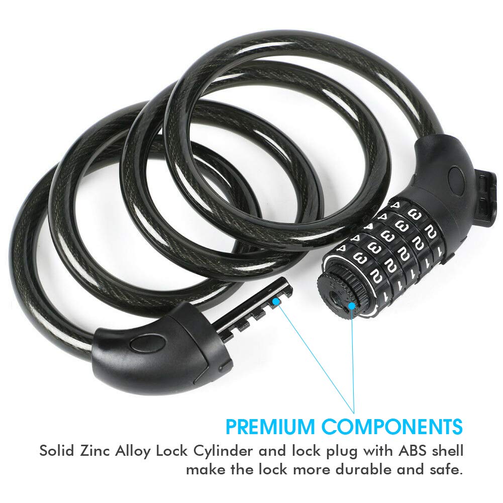 WISE TIGER WT-HM1303 Anti-Theft Bike Cable Lock, Self Coiling Resettable Combination 5-Digit Bicycle Locks High Security for Outdoor, Come with Complimentary Mounting Bracket,
