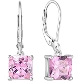 Vesitim Square Earrings Birthstone Princess Cut Leverback Earring Sterling Silver Jewelry for Women