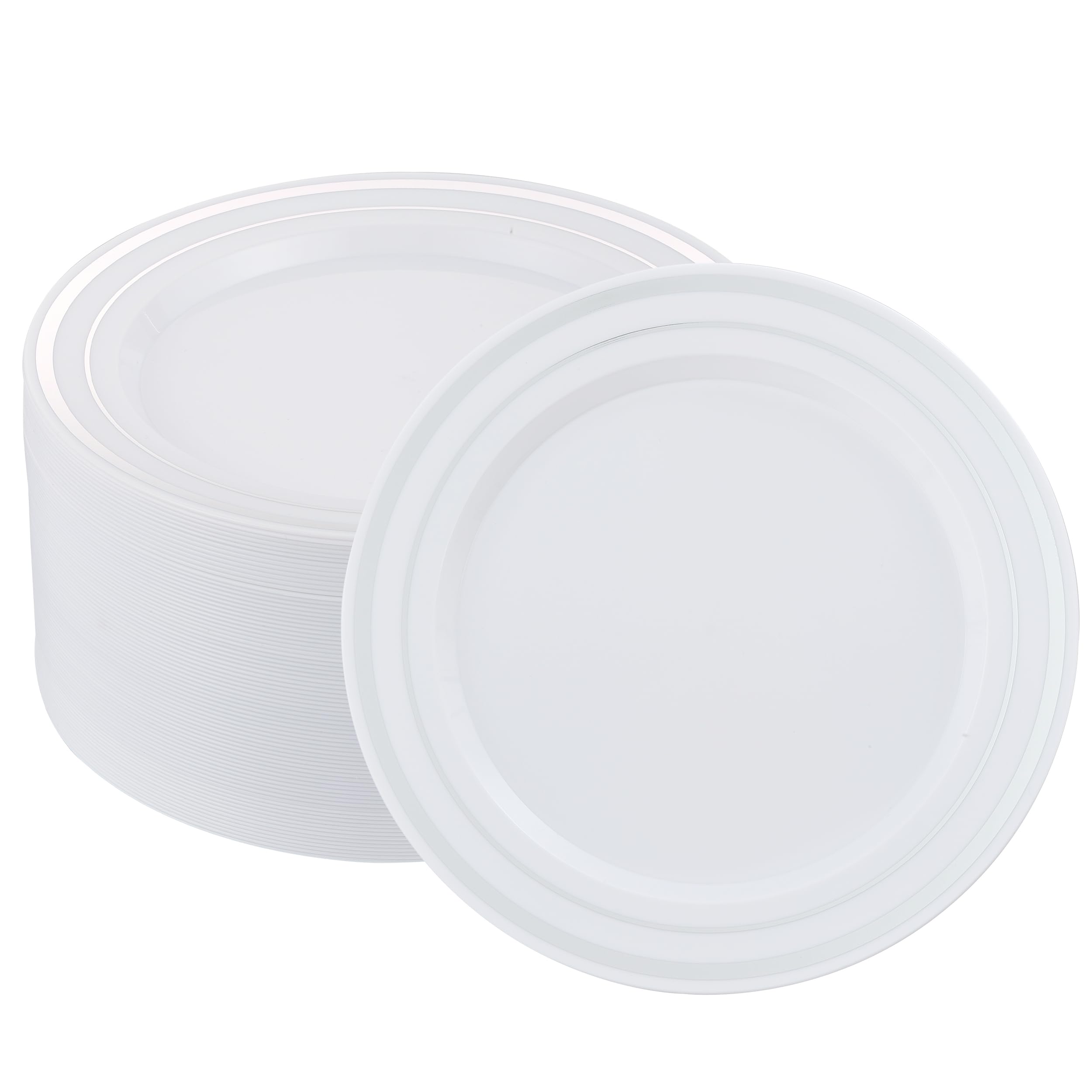 Photo 1 of ISFANGCO 50 PCS Silver and White Plastic Plates for 50 Guests,10.25inch Silver Rimmed White Disposable Plastic Plates for Wedding,Party,Birthday,Smooth Edge & Heavy Duty Dinner Plate
