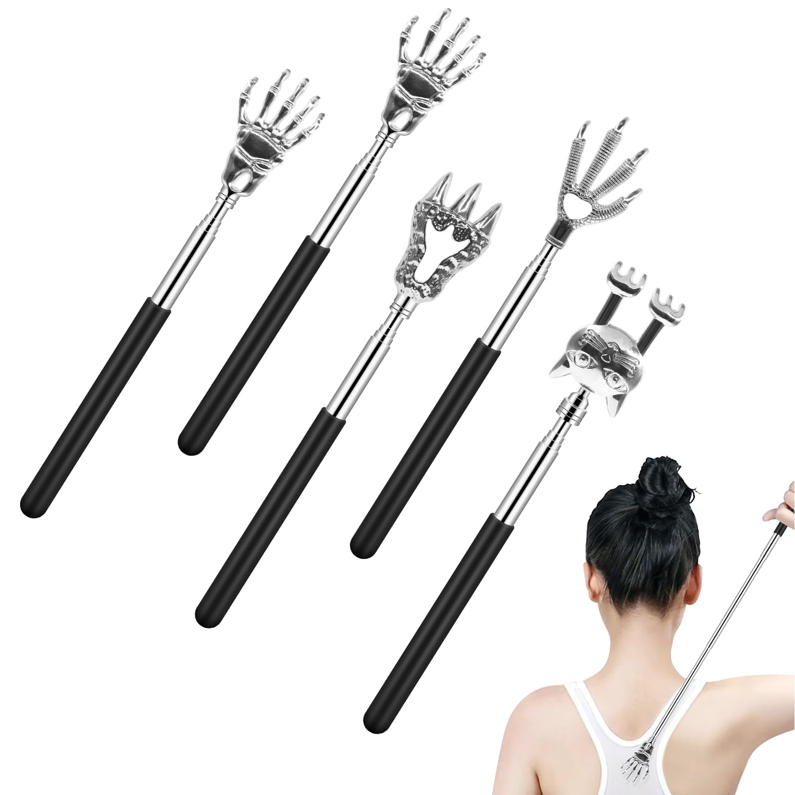 5PCS Telescopic Back Scratcher, Stainless Steel Back Scratchers Portable Scratching Tool Multiple Shapes Itch Relief Kit Funny Stocking Fillers for Adults Men Women