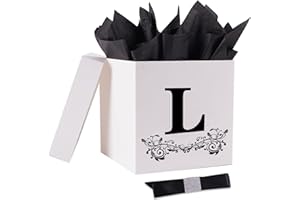 Jaywayang Letter L Gift Box with Lid, Ribbon and Wrapping Tissue, 8.7" White and Black Gift Box for Men, Women, Birthday, Baby Shower, Anniversary, Wedding, Party Favor, Christmas Decorative (Medium)