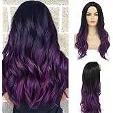 Baruisi Long Wavy Ombre Black Purple Wig Synthetic Natural Middle Part Cosplay Costume Hair Wigs for Women