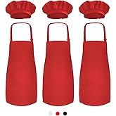 Novelty Place Kid's Apron with Chef Hat Set (3 Set) - Children’s Bib with Pocket Skin-friendly Fabrics - Cooking, Baking, Painting, Training Wear - Kid's Size (6-12 Year, Red)