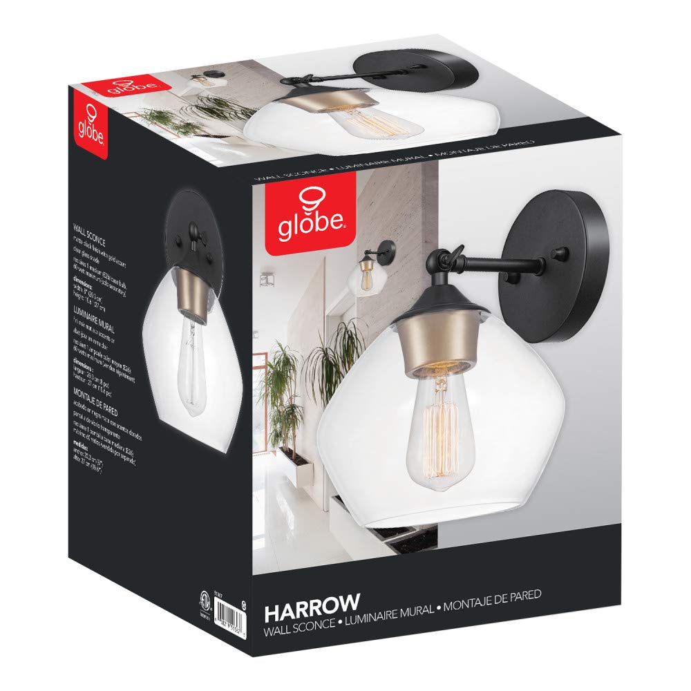 Globe Electric Harrow 1-Light Wall Sconce, Matte Black, Gold Accent Socket, Clear Glass Shade 51367