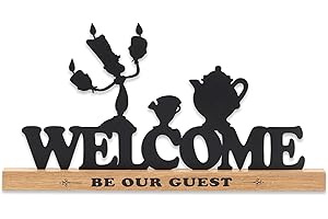 OPEN ROAD BRANDS Disney Beauty and the Beast Welcome Be Our Guest Tabletop Decor - Lumiere, Chip, and Mrs. Potts Metal Silhouettes on Natural Wood Base