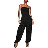 OYOANGLE Women's Strapless Jumpsuits Ruched Sleeveless Drawstring Hem Long Pants Romper