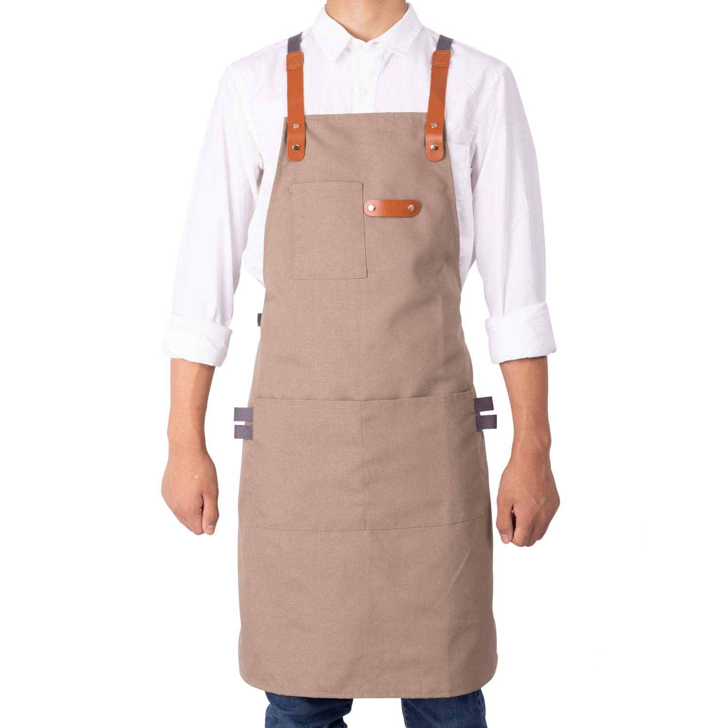 NEOVIVA Stylish Shop Apron for Women Men with Multi-Purpose Tool Pockets and Adjustable Cross-Back Straps, Functional Uniform Apron for Everyday Occasion (Indian Latte Tan)