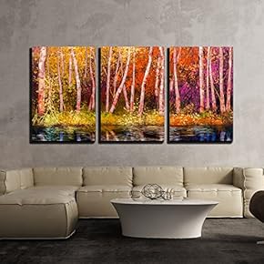 Oil Painting Landscape Colorful Autumn Trees x3 Panels