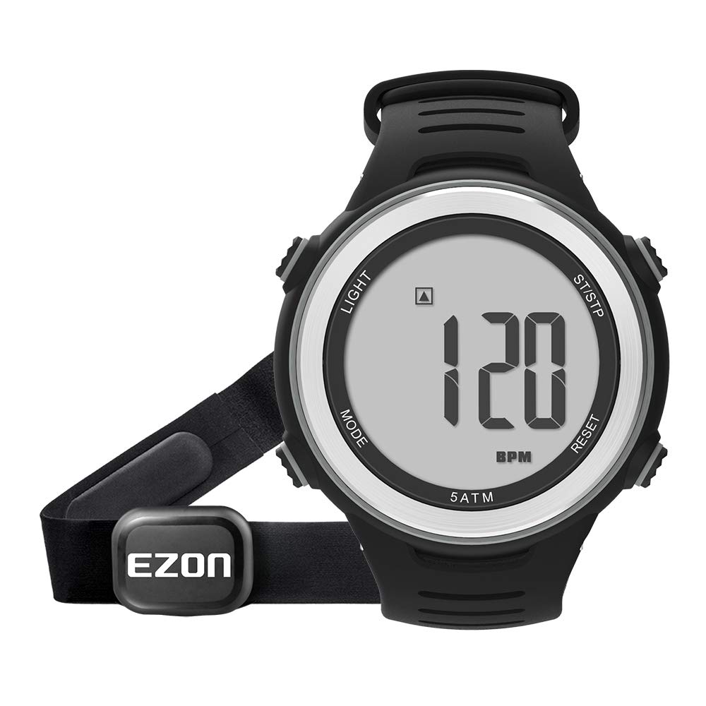 EZON Men Women Sports Wristwatch Digital Heart Rate Monitor Outdoor Running Watch Alarm Chronograph with Chest Strap T037 (T007)