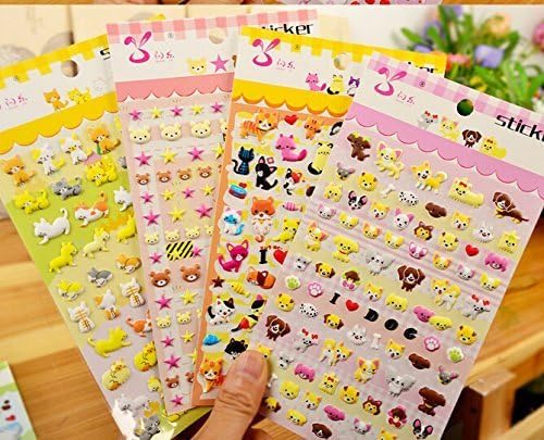 ONOR-Tech 4 Sheets Cute Lovely 3D DIY Cartoon Decorative Puffy Adhesive Sticker Tape / Kids Craft Scrapbooking Sticker Set for Diary, Album