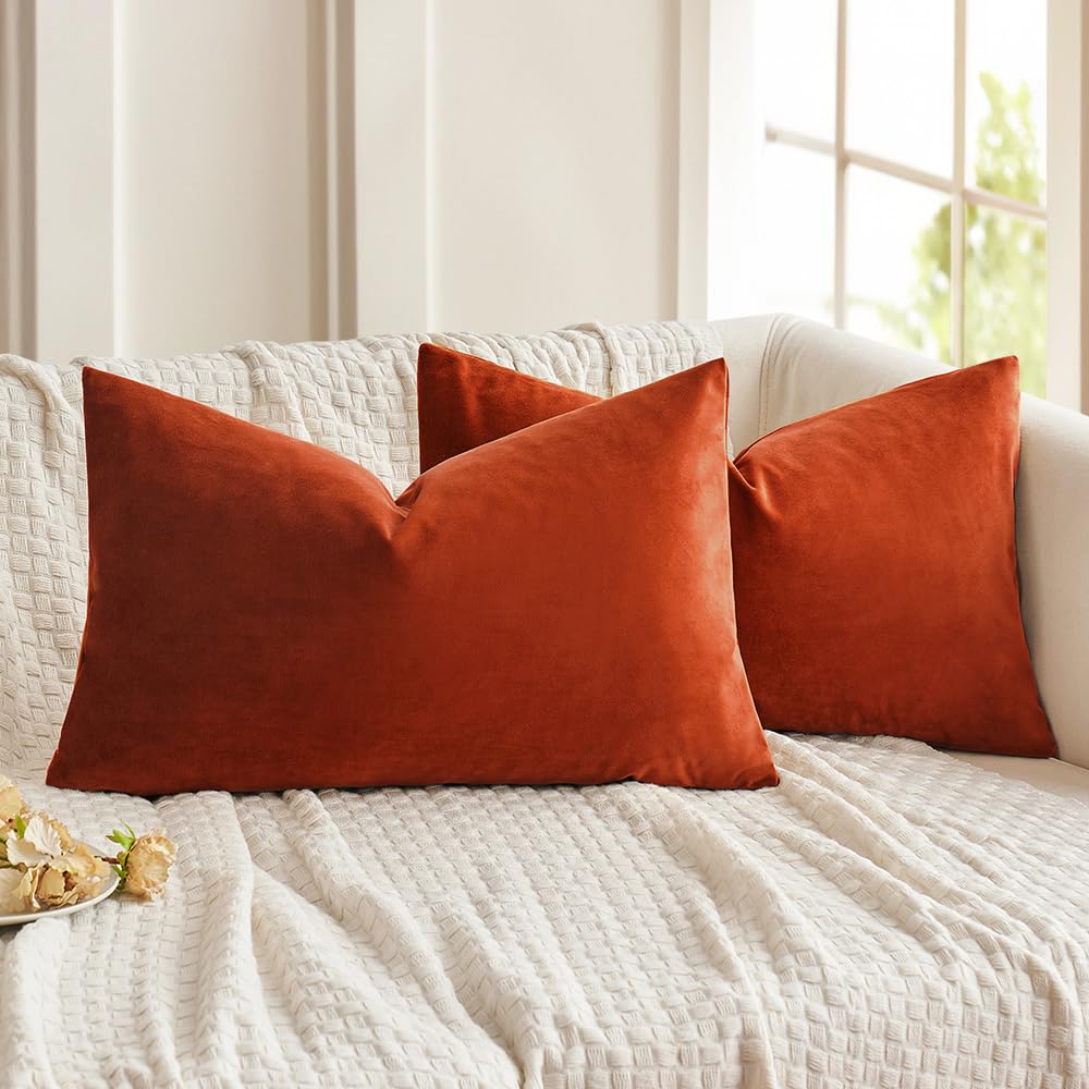 Photo 1 of MIULEE Pack of 2 Burnt Orange Velvet Throw Pillow Covers 12x20 Inch Soft Solid Fall Decorative Set Lumbar Autumn Cushion Case Home Decor for Couch Sofa Bedroom