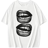 GORGLITTER Women's Lip Pattern Oversized T Shirt Half Sleeve Crewneck Graphic Tees Top