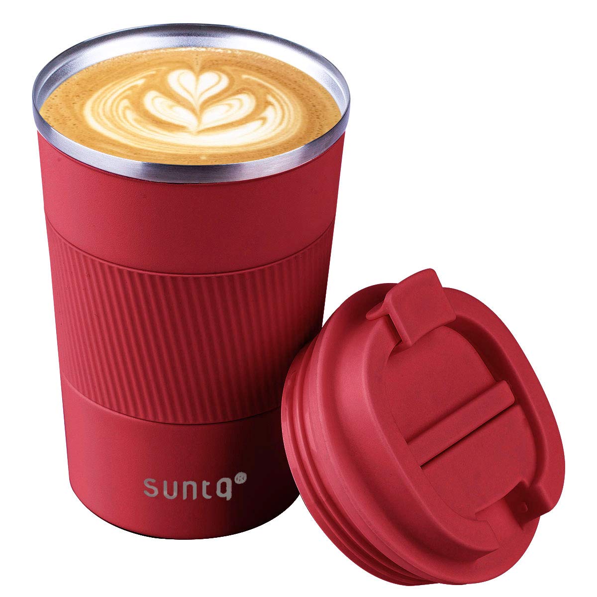 SUNTQ Reusable Coffee Cups Travel - Coffee Travel Mug with Leakproof Lid - Thermal Mug Insulated Cup - Stainless Steel Travel Cup with Rubber Grip - for Hot and Cold Drinks, 13oz/380ml, Red
