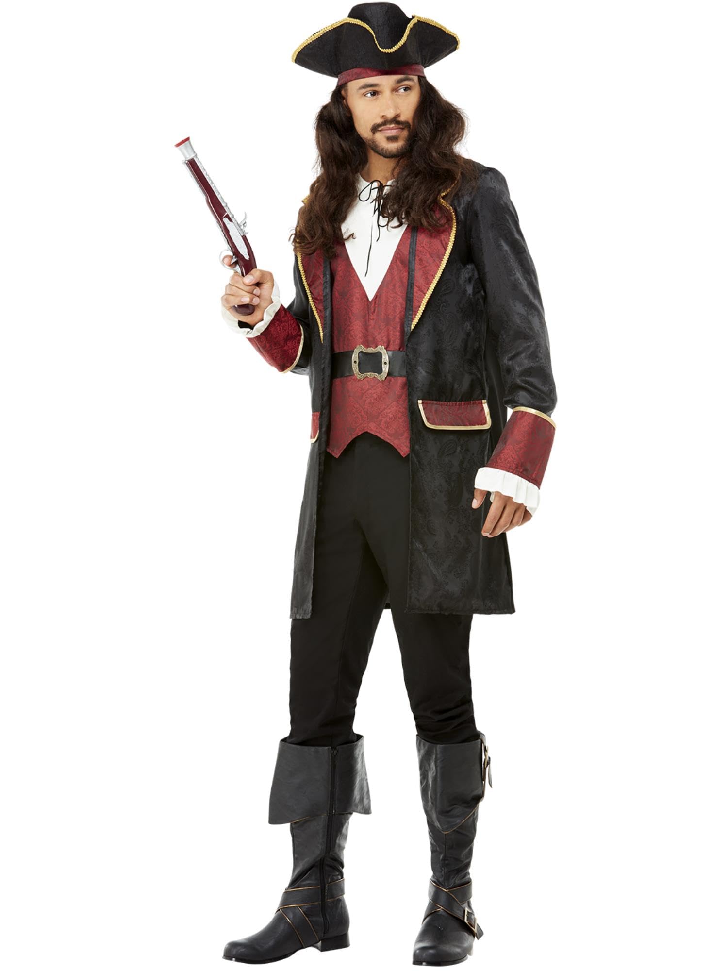 Smiffys Deluxe Swashbuckler Pirate Costume, Black Jacket, Mock Waistcoat, Shirt & Hat, Pirate Fancy Dress, Pirate Dress Up Costumes