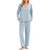 LUBOT 100% Cotton Pajamas for Women PJ Set Soft Button-Down 2 Piece Set Knitted Long Sleeve Sleepwear Loungewear XS-XXL