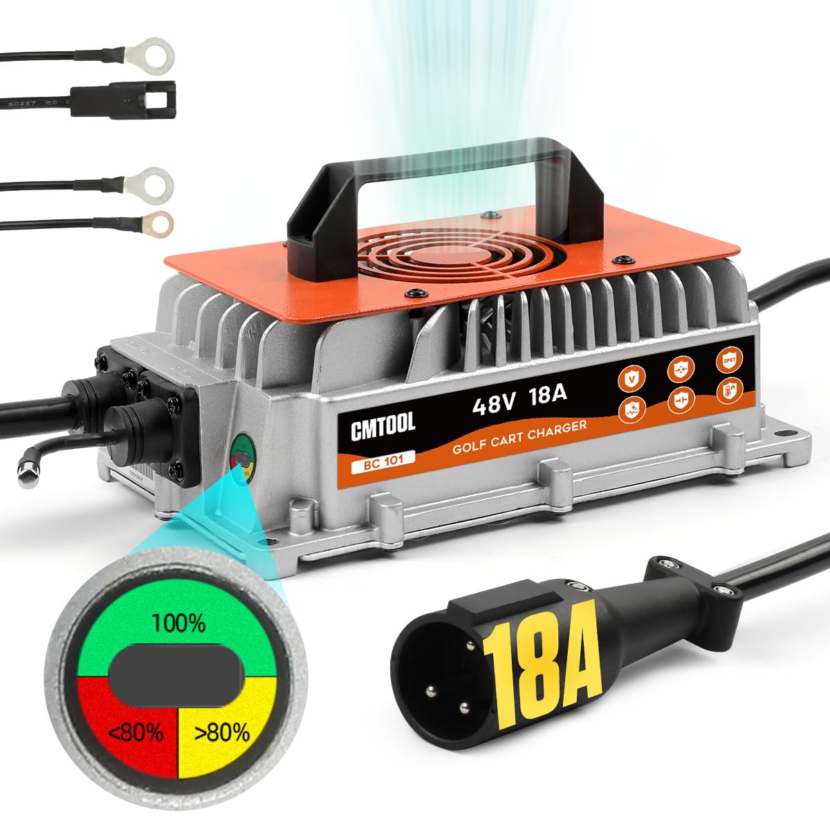 Photo 1 of CMTOOL 18 AMP 48 Volt Golf Cart Battery Charger for Club Car, IP67 Waterproof Fully Automatic 48V Trickle Charger, 3-Pin Round Plug, for Lead-Acid Batteries
