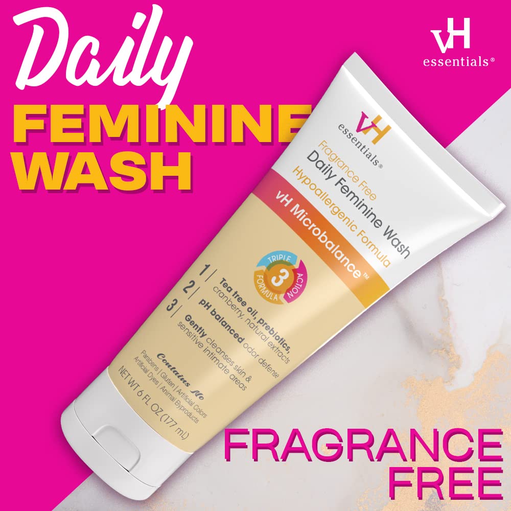vH Essentials Daily Feminine Wash - 6 Fl Oz - Fragrance-Free, Odor Eliminating Body & Vaginal Wash with Tea Tree Oil, Prebiotics and Lactic Acid for pH Balance, Odor Defense and Vaginal Health