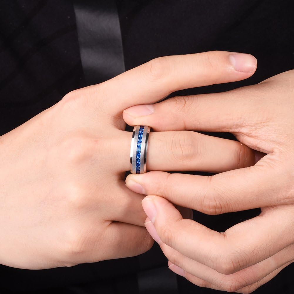 King Will 8mm Silver/Black Titanium Ring for Men Women Wedding Band With Blue/White Inlay Engagement Ring | 