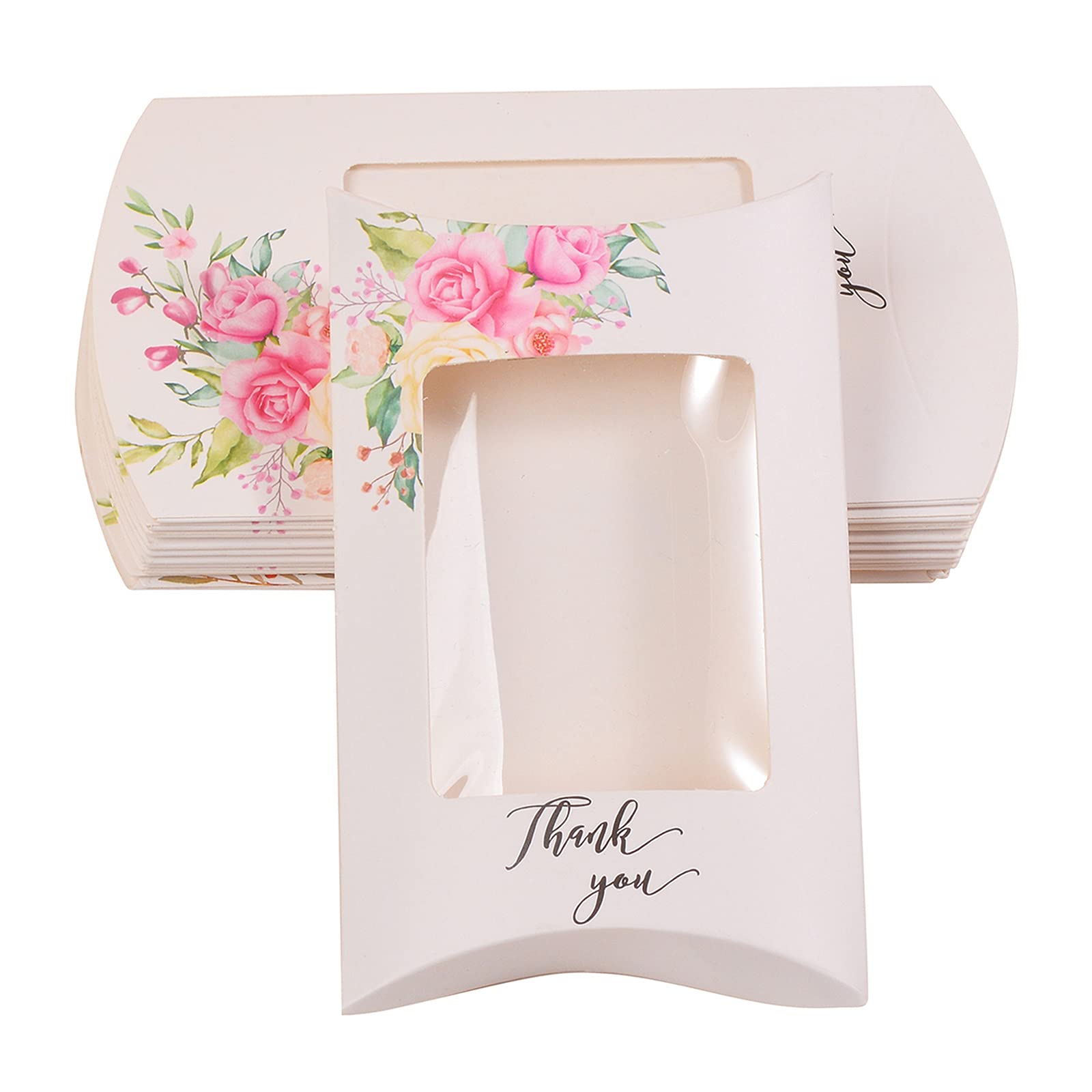 UR URLIFEHALL 100 Pcs Floral Pattern Paper Pillow Boxes with Clear Window Gift Boxes for Birthday Annivesary Christmas Party 12.5x7.6x2.2cm