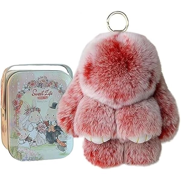 激レア　LITTLE GREY RABBITオルゴール　アクセサリーケース surell - Genuine Rex Rabbit Fur Pom Bunny Rabbit Keychain - Cute