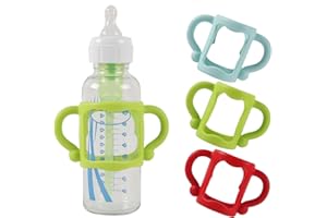 HKYLRAT 3 Pack Bottle Handles for Baby Bottles with Easy Grip Handles to Hold Their Own Bottle, BPA-Free Soft Silicone (Blue 
