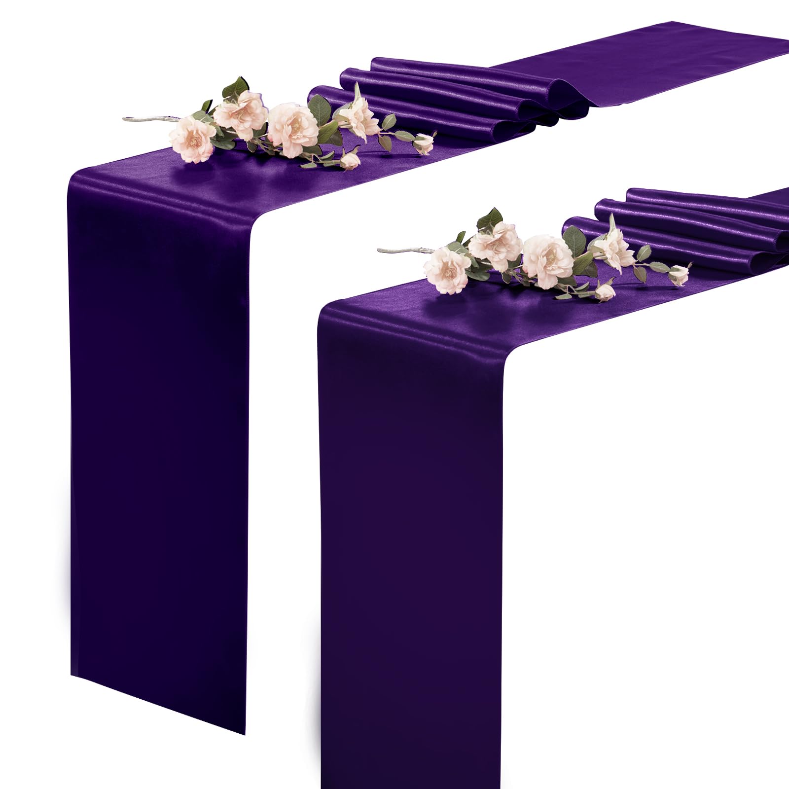 Photo 1 of KKJIAF 2 Pack Purple Table Runners 12 x 108 Inch, Rectangular Smooth Satin Silk Table Runner for Wedding, Banquet, Birthday Party Decoration