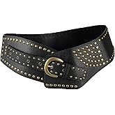 Clobeau Western Cowboy Leather Belts Wide Disc Belt for Women Buckle Embossed Boho Cowgirl Waist Belt for Jeans Pants Dress
