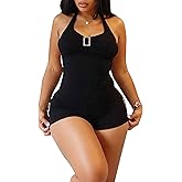 sedmoda Women Sexy Bodycon Halter Jumpsuit Backless Lace Up One Piece Outfits Club Shorts Romper