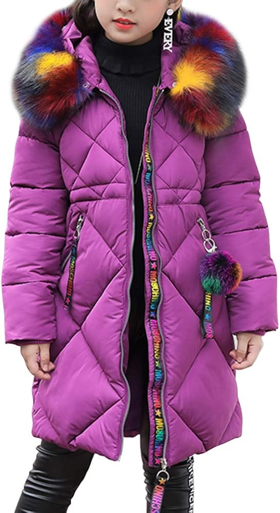 OCHENTA Girls' Puffer Down Coat Winter Jacket with Faux Fur Trim Hood: Clothing
