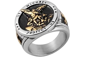 HZMAN St. Michael San Miguel The Great Protector Archangel Defeating Satan Figurine Stainless Steel Amulet Ring