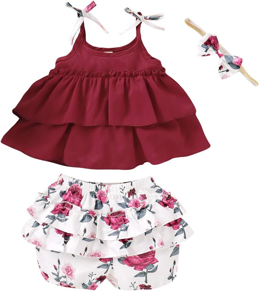 YALLET 3PCS Toddler Baby Girl Summer Clothes Outfits Bow Halter Crop Tops + Ruffle Flower Printing Short Pants+Cute Headband