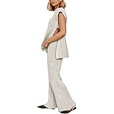 Lviefent Womens 2 Piece Outfits Sweater Set Sleeveless Side Slit Pullover Top Knit Wide Leg Pants Lounge Matching Sets
