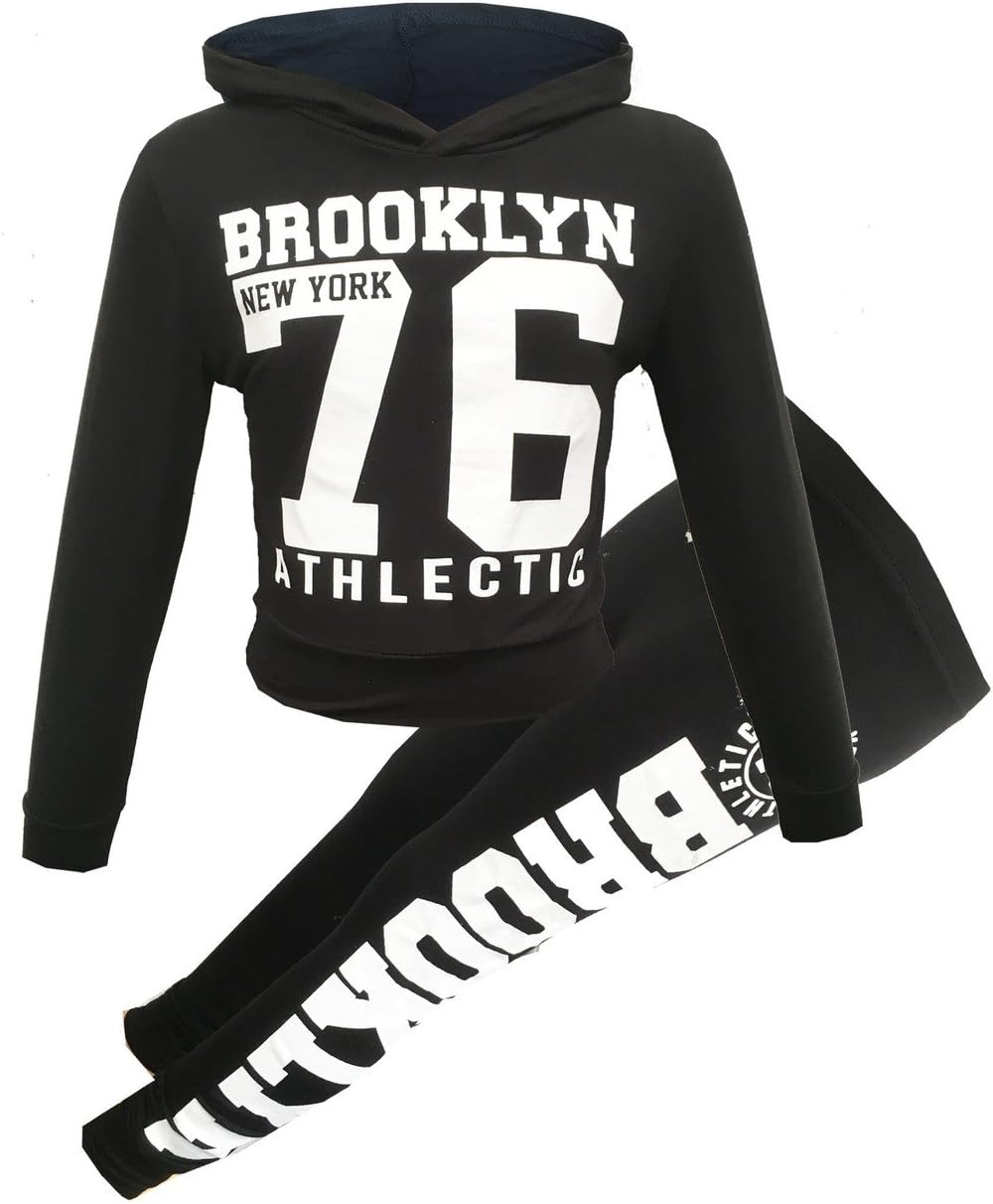 Girls Short Sleeve Brooklyn New York 76 and Star Hooded Crop Top & Bottom Set Kids Tracksuit Lounge Wear