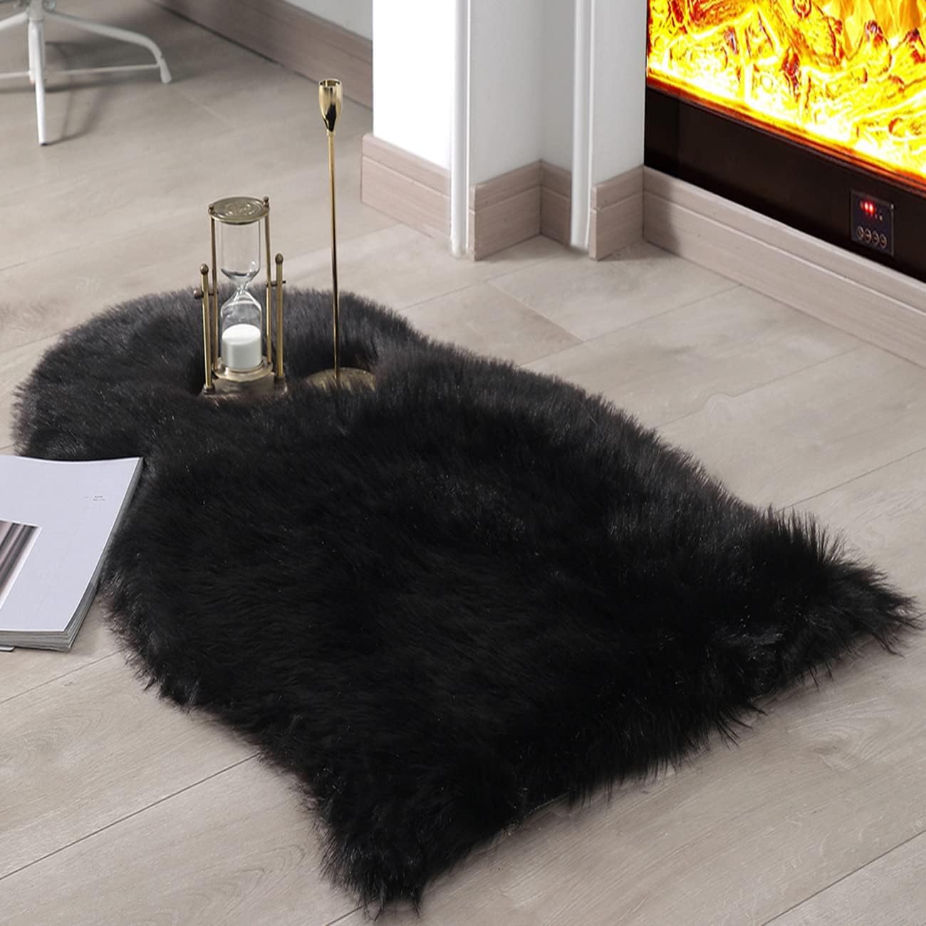 JXLOULAN Fluffy Sheepskin Black Rug 75 x 120 cm Faux Fur Area Rugs for Bedroom Decor Rugs Living Room Chair Sofa