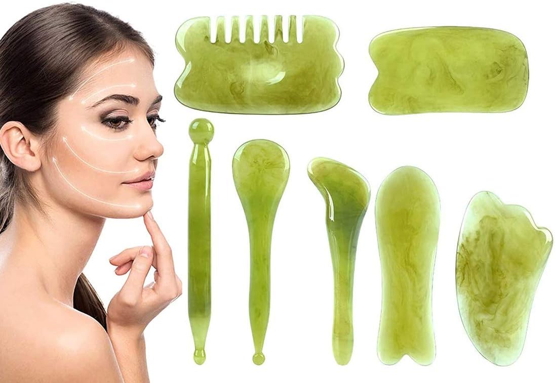 Morla 7 in 1 Gua Sha Scraping Massage Tool, Natural Resin Gua sha Board Spa Acupuncture Therapy Massage Gua Sha Tools for Face, Eyeball, Neck, Body Massage