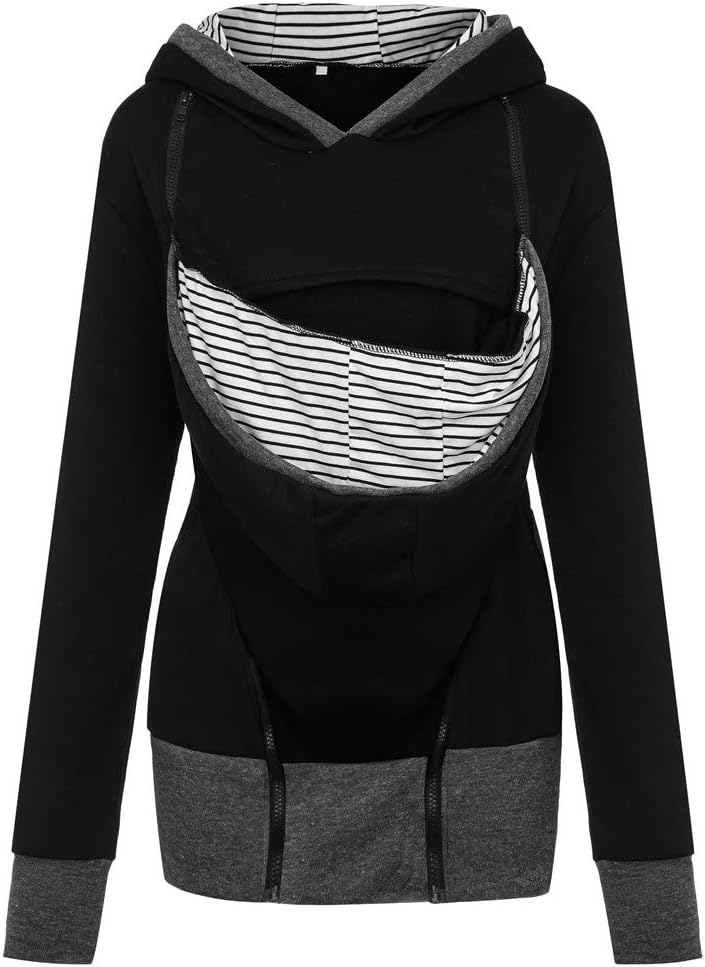 Jacket Hoodie Maternity Womens Striped Carrier Baby Holder Zipper Breastfeeding Kangaroo Coat Size 6-16