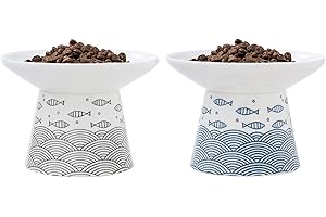 TAMAYKIM 6.25 Inch Extra Wide Raised Ceramic Cat Bowls, Food & Water Bowls for Elder Big Cats and Small Dogs, Elevated Heavy Sturdy Base Pet Feeder Dish, Stress Free, Protect Cat's Spine, Blue & Black