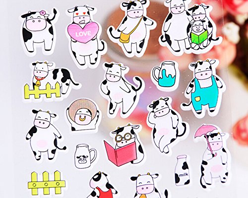 4 Sheets Cute Lovely Puffy DIY Decorative Adhesive Sticker Tape / Kids Craft Scrapbooking Sticker Set for Diary, Album (Cow)