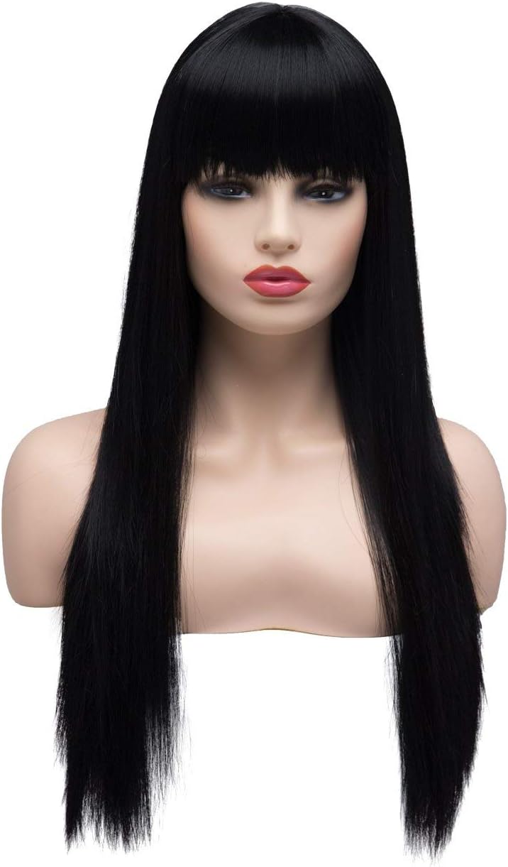 HIAYSAN Fashion 24 Inches Long Straight Hair Wigs for Women Synthetic Natural Full Wig with Bangs for Cotume and Cosplay or Daily Life (Black๏ผ