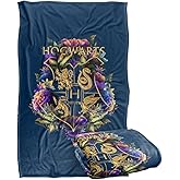 Harry Potter Hogwarts Multi-Colored Floral Crest Silky Touch Super Soft Throw Blanket 36" x 58",Hogwarts Multi-Colored Floral Crest, Blue