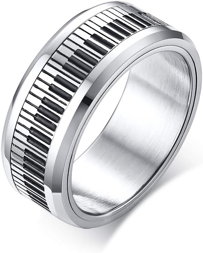 Joielavie Jewellery Piano Keyboard Music Instrument Black Silver Two Tone Rotatable Stainless Steel Charm Ring for Men Women