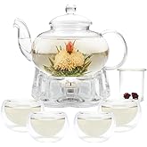 GURUDAR Glass Teapot Set, 34OZ/1000ML Glass Tea Kettle with Loose Tea Infuser & Warmer, 5OZ/150ML Double-Wall Tea Cup Set of 4, Stovetop & Microwave Safe Tea Maker, Blooming Tea Gift Set For Women