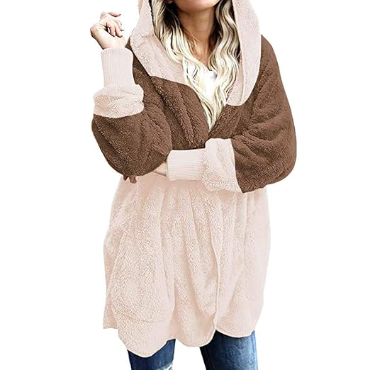 Emmay Damen Teddy Fleece Mantel Hoodie Langer Wesentlich Kuscheliger Fleecemantel Mit Kapuze Kapuzenjacke Color Block Sweatja