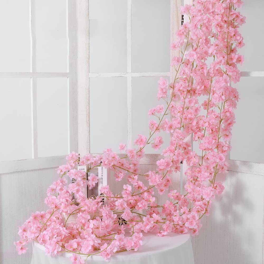 2pcs Artificial Cherry Blossom Garlands Flower Garland Flowers Vine Silk Flowers Garlands Hanging Artificial Flowers Garland Decoration for Wedding Party Home Garden Arch Walls 135 Flower Heads Pink
