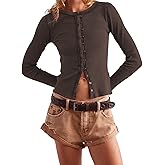 Womens Slim Fitted Cardigan Long Sleeve Y2K Ribbed Tops Button Down Shirts